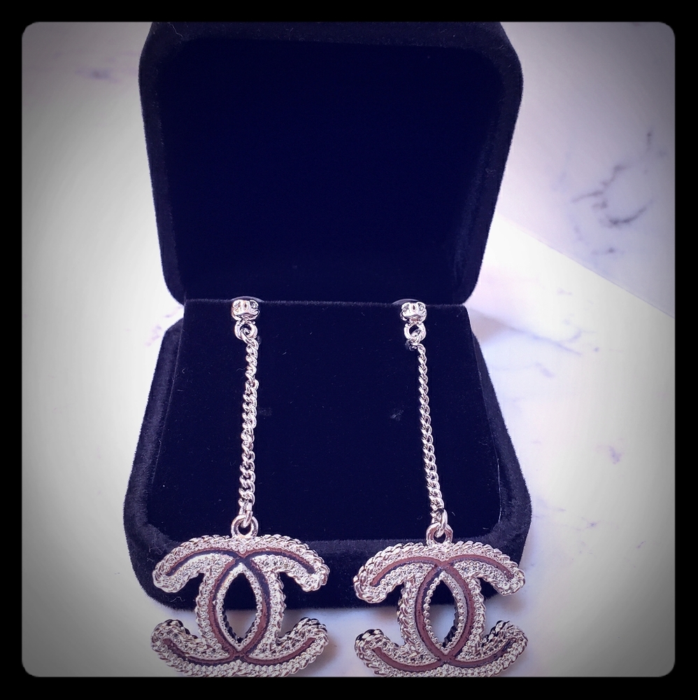 Vintage Coco Chanel silver drop hanging earrings